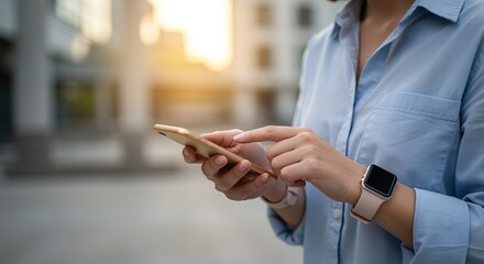 Woman in blue shirt uses phone, wearing smartwatch, outdoors with blurred background, warm light, shallow depth of field, creating a modern, connected, and focused mood.
