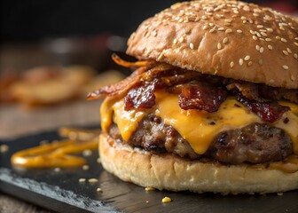Delicious bacon cheeseburger photo for food blog and restaurant menu design use
