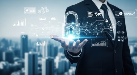 Digital Security: Businessman Holding Holographic Padlock Over Cityscape