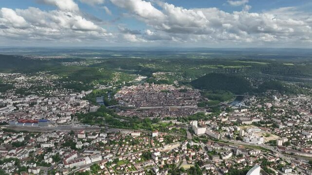 Aerial Panorama of Besan&ccedil;on City Surrounded by Forested Hills and River