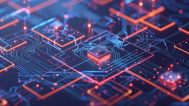 futuristic circuit board, digital network grid, futuristic IT infrastructure diagram, cloud and server icons, blue digital background 