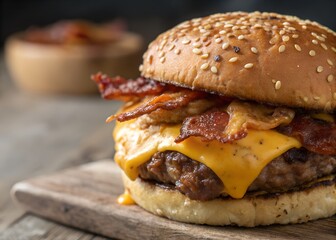 Delicious bacon cheeseburger on wooden board gourmet food photography close up shot