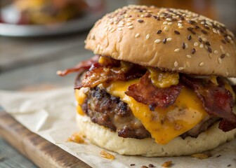 Delicious bacon cheeseburger on a sesame seed bun perfect for lunch or dinner