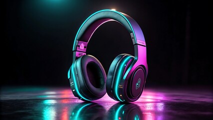 Wireless headphones with neon lighting and reflections on dark studio background
