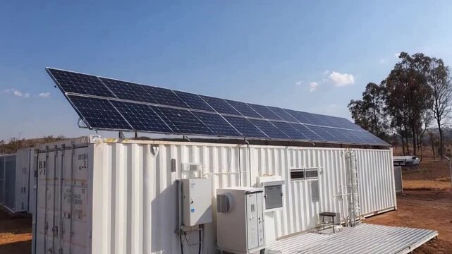 Off-Grid Solar Power Container: A sustainable off-grid solution showcasing a shipping container equipped with a solar panel system, providing clean energy in a remote location.