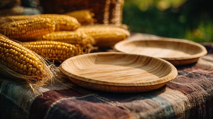 Disposable bamboo plates and corn cobs on picnic cloth