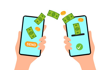 Vector illustration of transferring money from one smartphone to another. Cartoon scene of hands holding phones and transferring money from one account to another, bills, coins. Online payments.