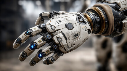 Close-up of complex AI robotic hand with intricate details and blue led lights in a high-tech industrial setting, smart technology concept
