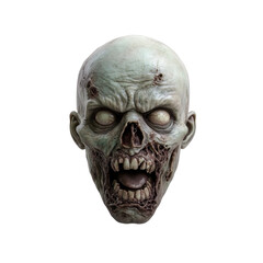 Fototapeta premium Creepy zombie head with rotting skin and terrifying expression on display