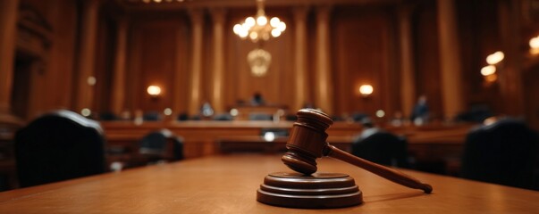 A judge"s gavel rests on a wooden table in a courtroom with blurred seating and warm lighting in the background.