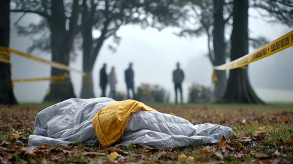 Crime scene investigation in foggy park setting with police tape and evidence, place of murder