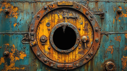 Rusted yellow and blue industrial metal structure with circular hatch and corrosion detailing