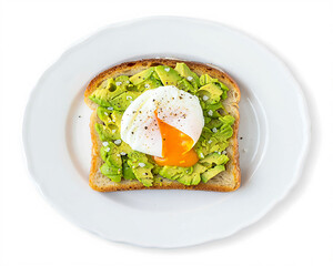 Avocado Toast with Poached Egg on White Plate from Top View