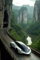 Futuristic white car with glass top on scenic mountain road with lush greenery, electric vehicle by sleek design, stunning cliff views, journey theme