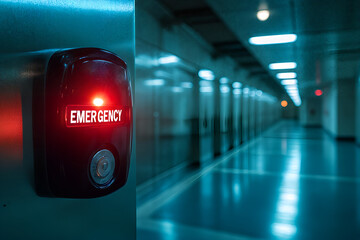 Emergency button in modern corridor with blue lighting for urgent situations and safety precautions