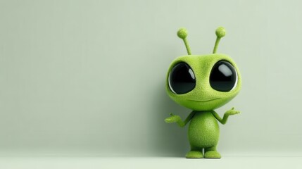 Whimsical cartoon alien character with large eyes and green skin in friendly pose against pastel backdrop