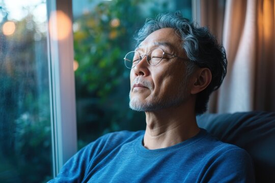 Senior Asian man practices relaxation techniques for better sleep in a cozy evening setting - Powered by Adobe