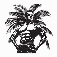 Fototapeta premium Strong Fitness Man Posing Under Swaying Palm Leaves in Tropical Silhouette Illustration