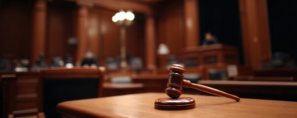 A wooden gavel rests on a table in an empty courtroom with blurred background seating and a judge's bench under warm lighting.