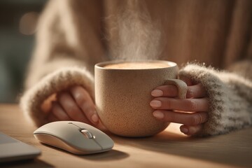 Hands holding mug of coffee isolated on transparent background, cozy work