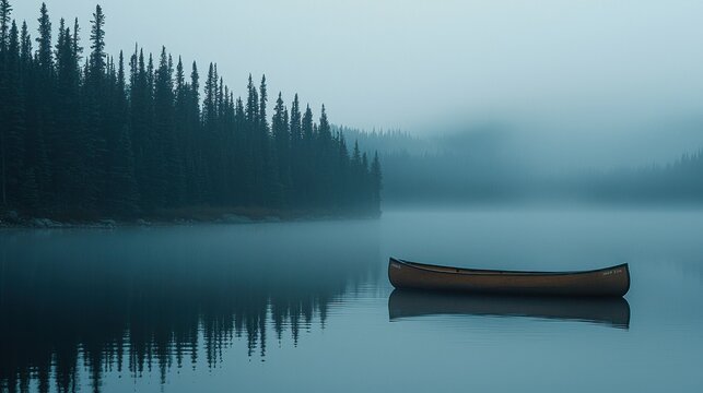 Misty lake scene with canoe