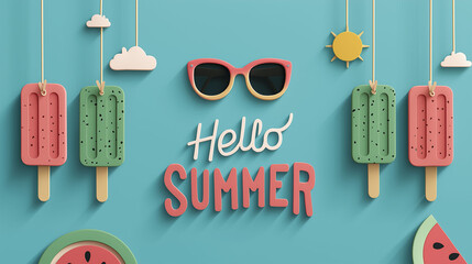 Hello Summer Popsicles: Sweet summer vibes with hanging popsicles, sunglasses, and watermelon slices. A cheerful design perfect for summer promotions.