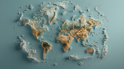 3d world map relief on blue background, global topography model visualization