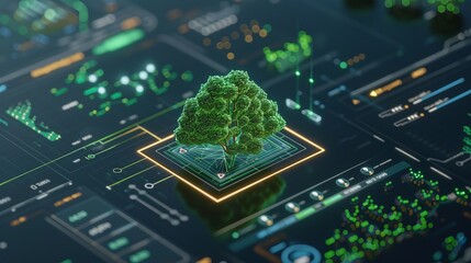 digital city grid glowing over desert landscape, green AI interface, energy efficiency dashboard, sustainable tech concept