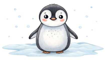 Fototapeta premium A cute baby penguin stands on ice isolated on white background