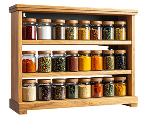 Wooden Spice Rack with Assorted Spice Jars, Isolated on Transparent Background PNG (2)