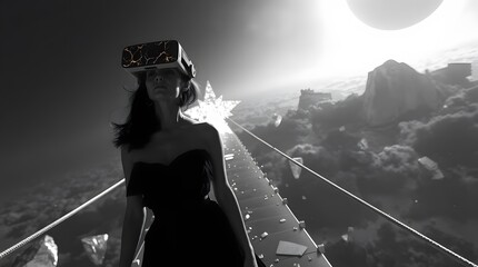 Explore virtual reality woman vr headset black and white metaverse future technology