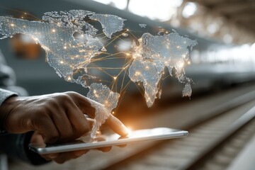 Digital global network map from tablet, isolated on transparent background.