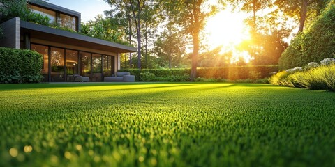 Modern house with large glass windows overlooks a lush green lawn and garden at sunset, surrounded by trees and shrubbery.
