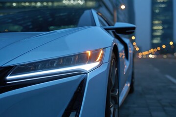Fototapeta premium Sleek blue sports car with glowing LED headlight isolated on transparent background.