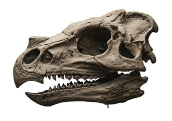 Fossilized dinosaur skull with visible teeth  bone structure against a black background
