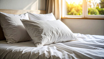 Cozy bedroom interior with a single pillow on a crumpled linen bed, soft light from a small window