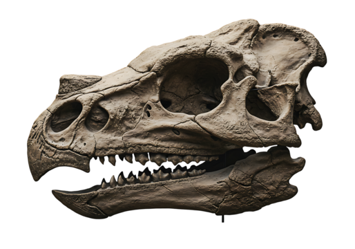 Fossilized dinosaur skull with visible teeth  bone structure against a black background