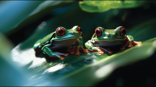 Red-eyed tree frogs resting on lush green leaves in a tropical rainforest setting at dusk