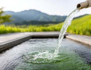Clear water flows from a pipe into a stone basin with mountains and green fields blurred in the background.