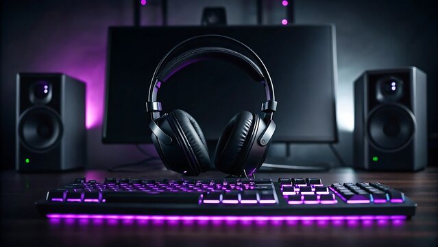 Modern gaming setup with illuminated keyboard headphones monitor and purple ambient lighting
