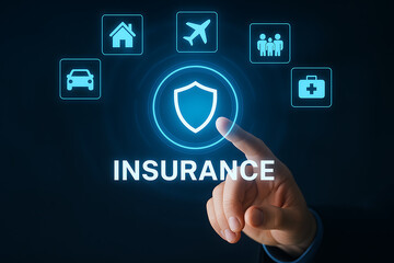 Futuristic insurance protection icon selected by finger in virtual interface surrounded by glowing symbols for home car health and travel security coverage concept