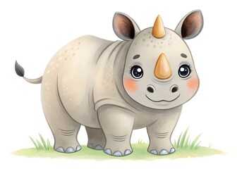 Fototapeta premium A cute baby rhino stands on green grass