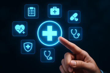 Hand selecting digital healthcare interface with neon cross symbol surrounded by virtual medical icons representing smart diagnostics treatment technology and virtual care solution