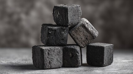 Stack of charcoal briquettes on textured background with airy right