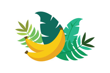 Abstract Bananas And Tropical Leaves On White Background