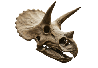 Fossilized triceratops skull with bony frill and three horns against a black background
