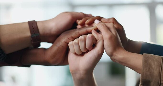 Fist, hands and business people in office with support, unity or partnership for celebration of goals. Teamwork, solidarity and group of corporate employees with connection, bonding or collaboration.