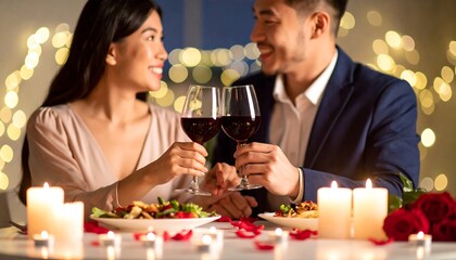 Romantic dinner for two, toasting with wine
