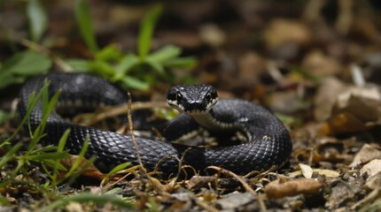 Dark snake curled up on ground, alert expression, surrounded by natural foliage