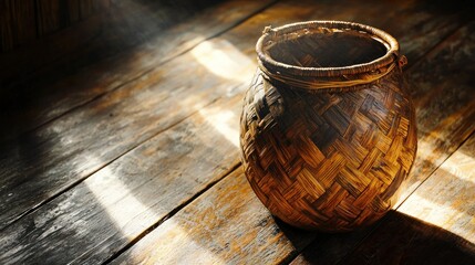 Woven basket on wooden floor